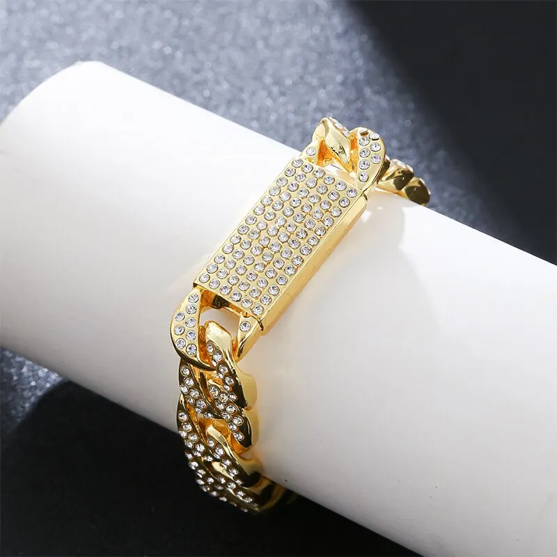 Hip Hop Gold Chuncky ID And Cuban Chain Bracelet Luxury Full Crystal ID Bracelet Bling Big Size Trendy Men Jewelry Accessory