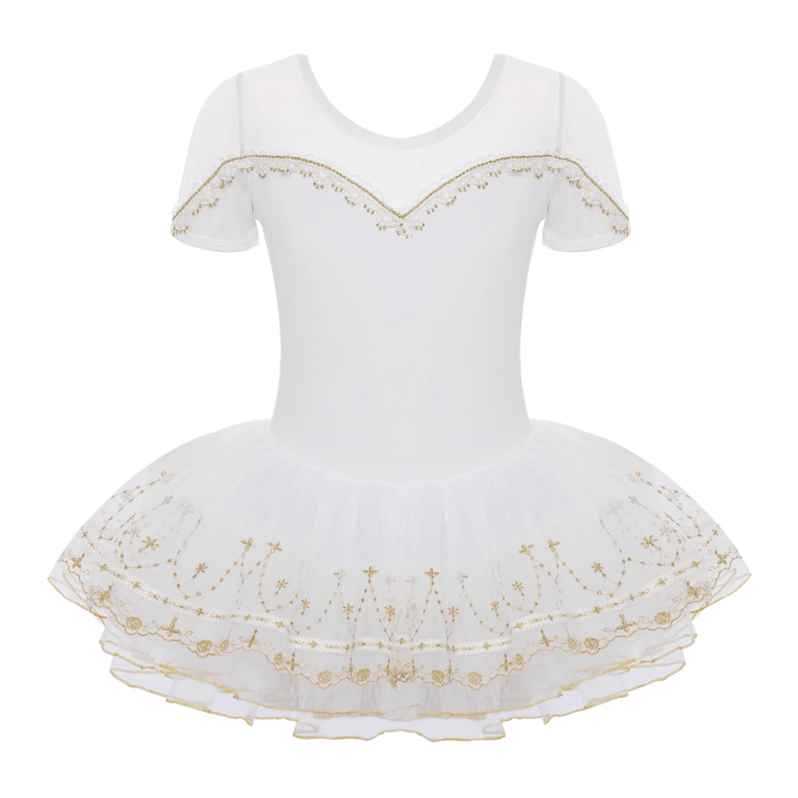 Girls Ballet Dress Short Sleeve Sheer Mesh Patchwork Lace Trim Embroidery Hem Tutu Dress Ballerina Dance Performance Costume