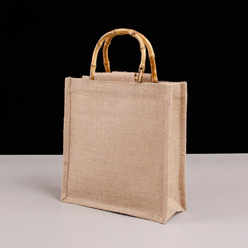 Portable Burlap Jute Tote Shopping Bag Vintage Reusable Grocery Bag With Handle Diy Handbag Gift Bag Ladies Big Size Beach Bags