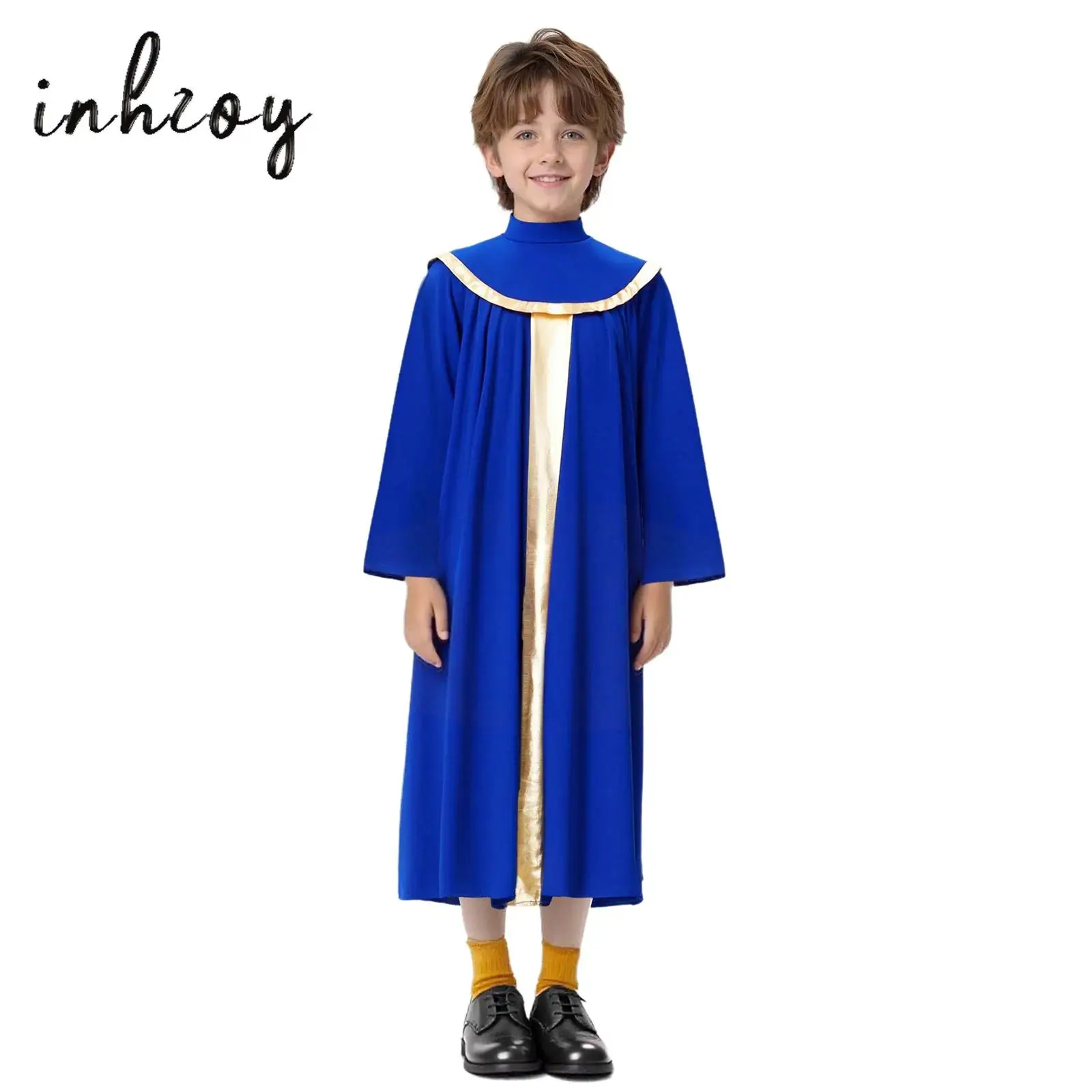 

Kids Boys Girls Choir Robe Worship Praise Dance Costume Metallic Color Block Patchwork Mock Neck Long Sleeve Pleated Dress Grown