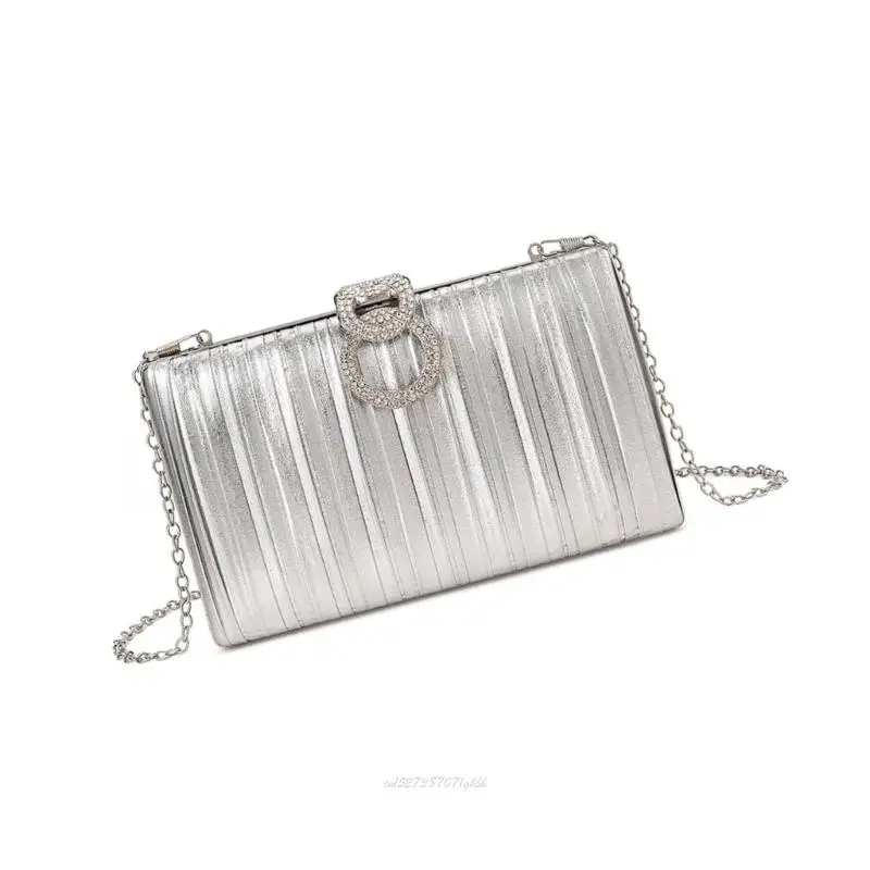 

X5XA Rhinestones Embellished Pleated Texture Ladies Evening Evening Bag Metallic Fabric Practical Storage Compartments
