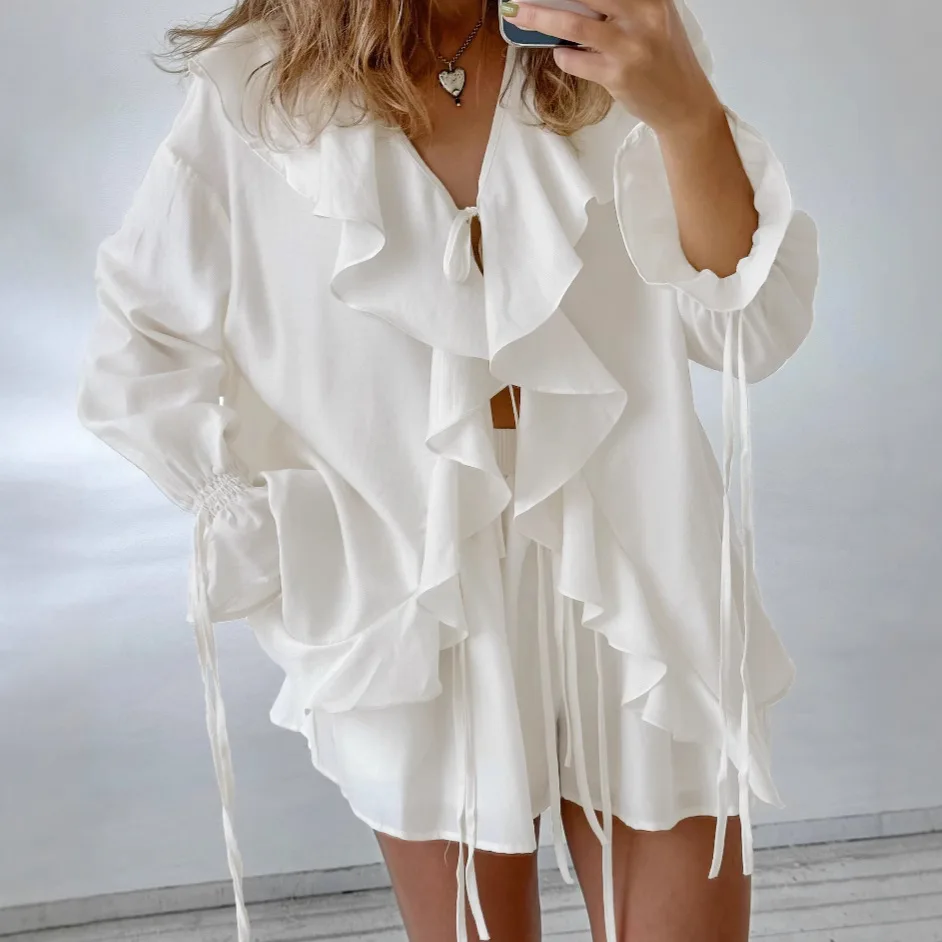 Women's Beige Two-Piece Set 2025 Summer Boho Ruffled V-neck Blouse with Shorts Outfit Flare Sleeve Lotus Leaf Edge Shorts Suit