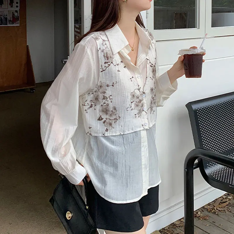 Elegant Fashion Harajuku Slim Fit Female Clothes Loose Casual All Match Tops Polo Neck Button Long Sleeve Blusa Fake Two Pieces