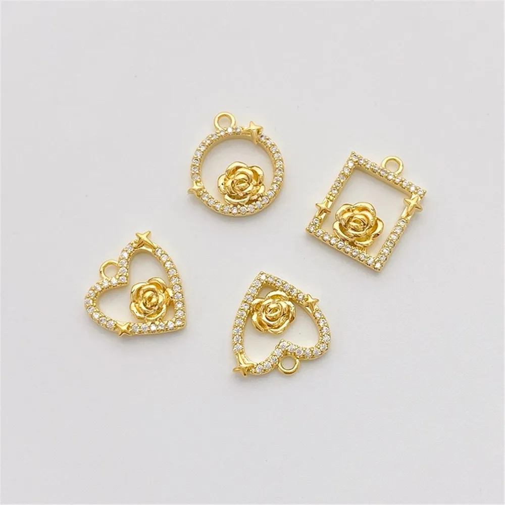 14K Gold-plated Zircon Geometric Circular Heart-shaped Square Frame Rose Pendant DIY Bracelet Ear Jewelry Accessories L452