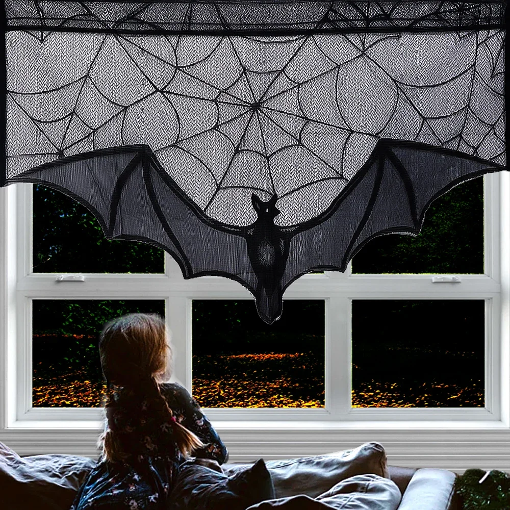 Cortina de encaje de Halloween, mantel de araña y murciélago negro, cubierta de bufanda para chimenea, decoración de terror de telaraña para habitación del hogar, 1 ud.