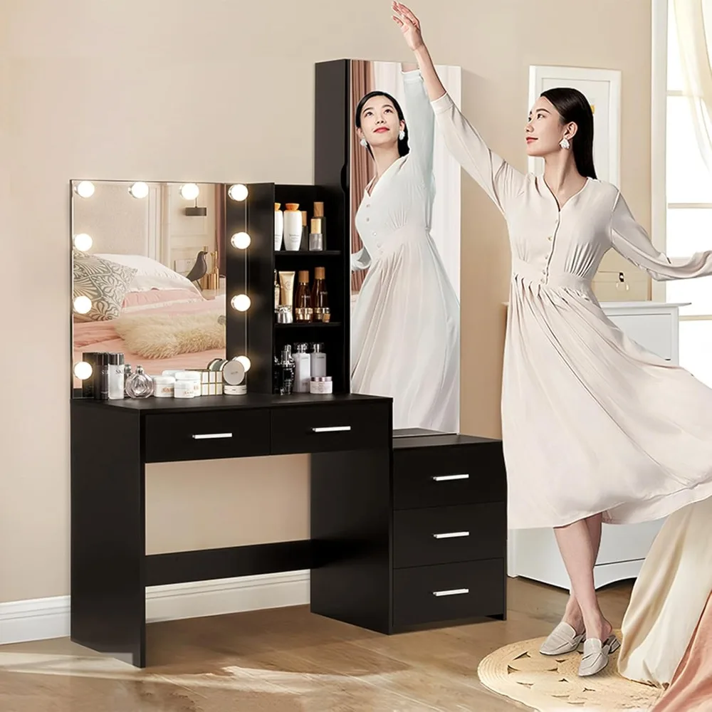 The Dressing Table Is Equipped with A Full-length Mirror and Lighting, and Comes with A Jewelry Cabinet, Drawers, and Shelves