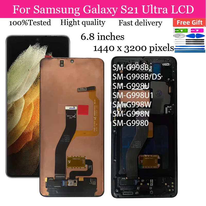 

AMOLED для Samsung Galaxy S21 Ultra 5G Lcd G998F G998F/DS с рамкой дисплей сенсорный экран дигитайзер для Samsung s21 Ultra LCD