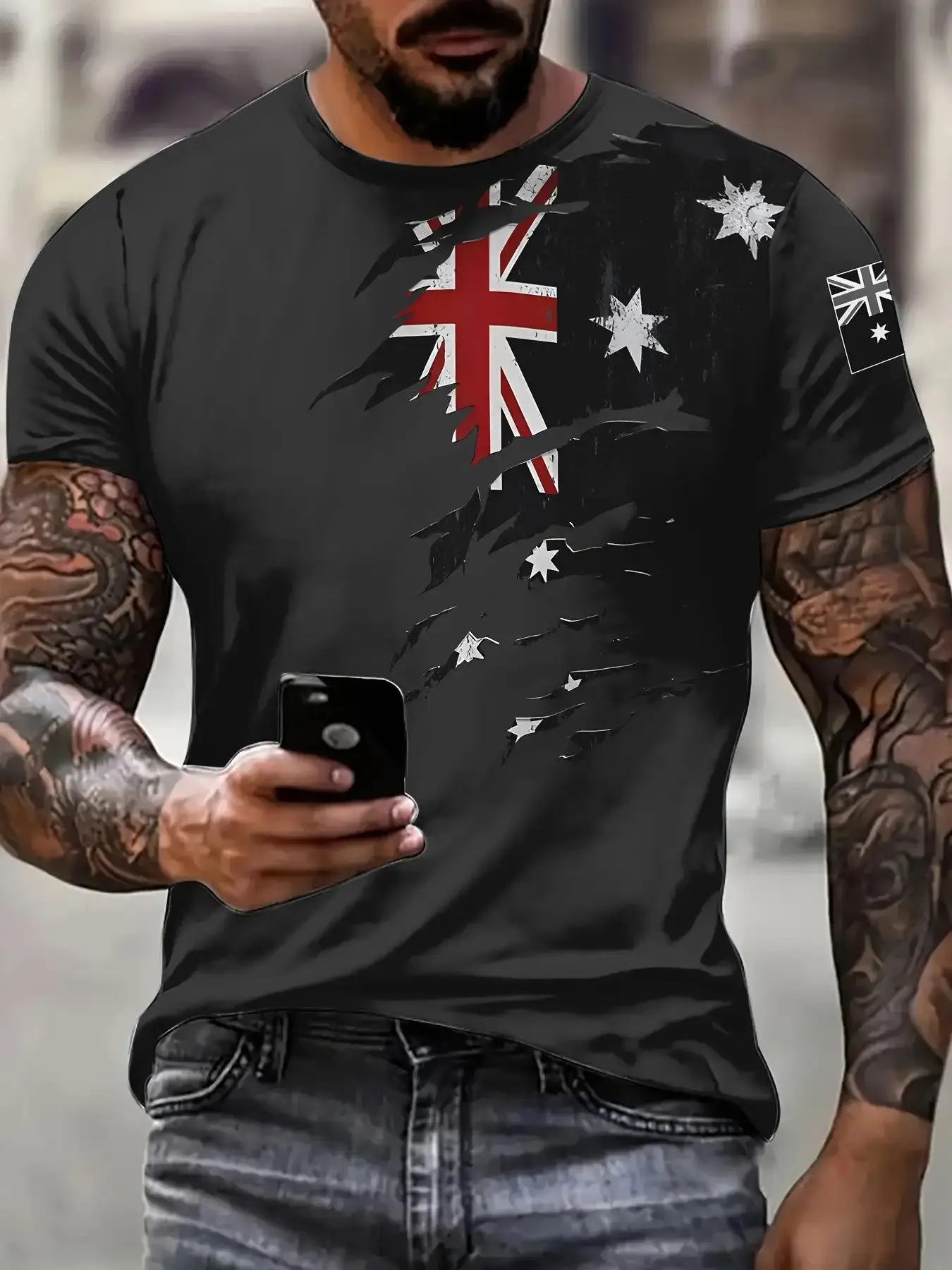 New men's short-sleeve T-shirt, loose-fitting and tailored with printed designs, versatile basic crew-neck top suitable for spri