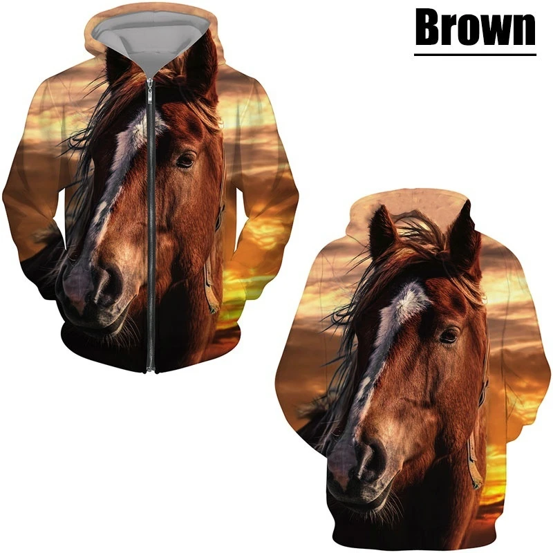 At 3D baskı fermuar Hoodies Unisex rahat hayvan Zip Hoodie Streetwear desen kapüşonlu ceket ilkbahar ve sonbahar erkek kazak