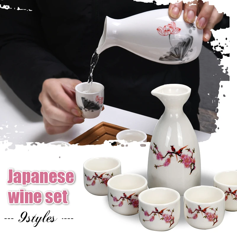 7pcs Japanese Style Sake Wine Warm Chinese Wine Set Ceramic Sake Japan Porcelain Vintage Ceramic Pot Flagon Liquor Spirits Cups