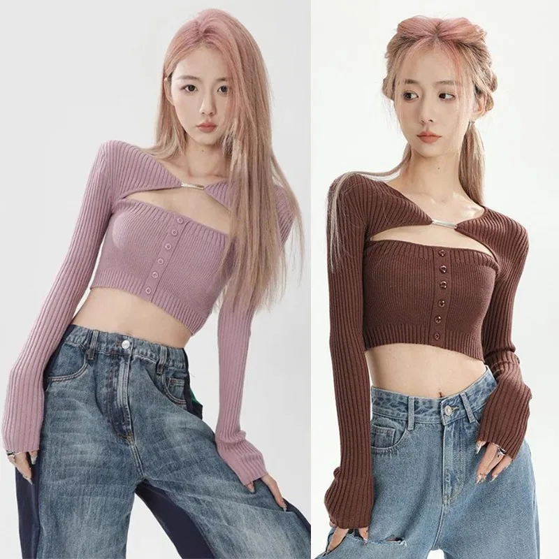 Women\'s  Tops Hollow Out Slim Sexy Fashion  Expose Navel Knitted Long Sleeves Tops Korean Version Solid Color