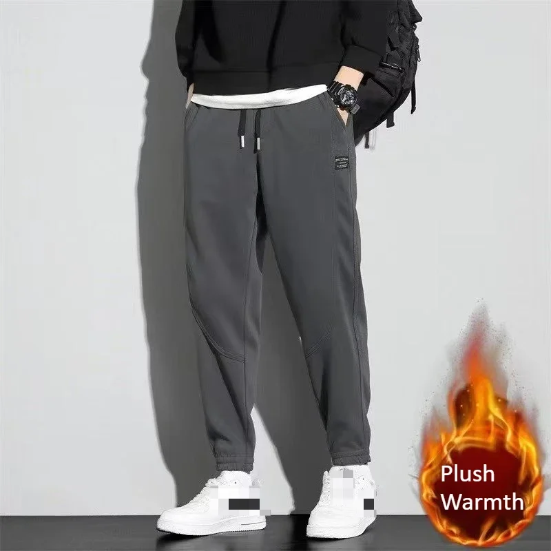 

Plush Warmth Joggers Sports Man's TrousersFleece Lined Men's Sweatpants Elastic Waist Solid Casual Pants for Man Winter Outdoor