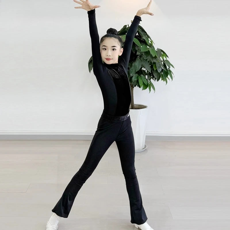 

Осенне-зимний профессиональный латинский танец для девочек, новый детский танцевальный тренировочный костюм, бархатные расклешенные брюки, комплект