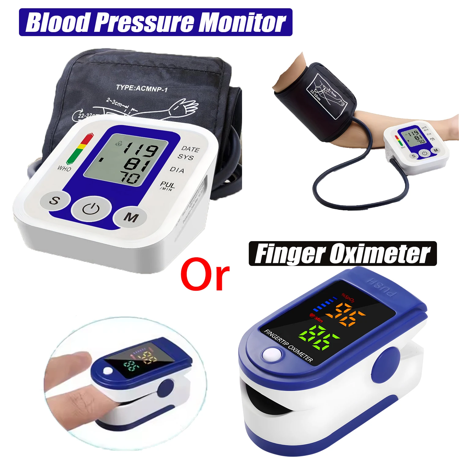 Monitor Digital de Pressão Arterial no Braço ou Oxímetro de Pulso, Aparelho Médico Doméstico com Monitoramento de Frequência Cardíaca para Adultos