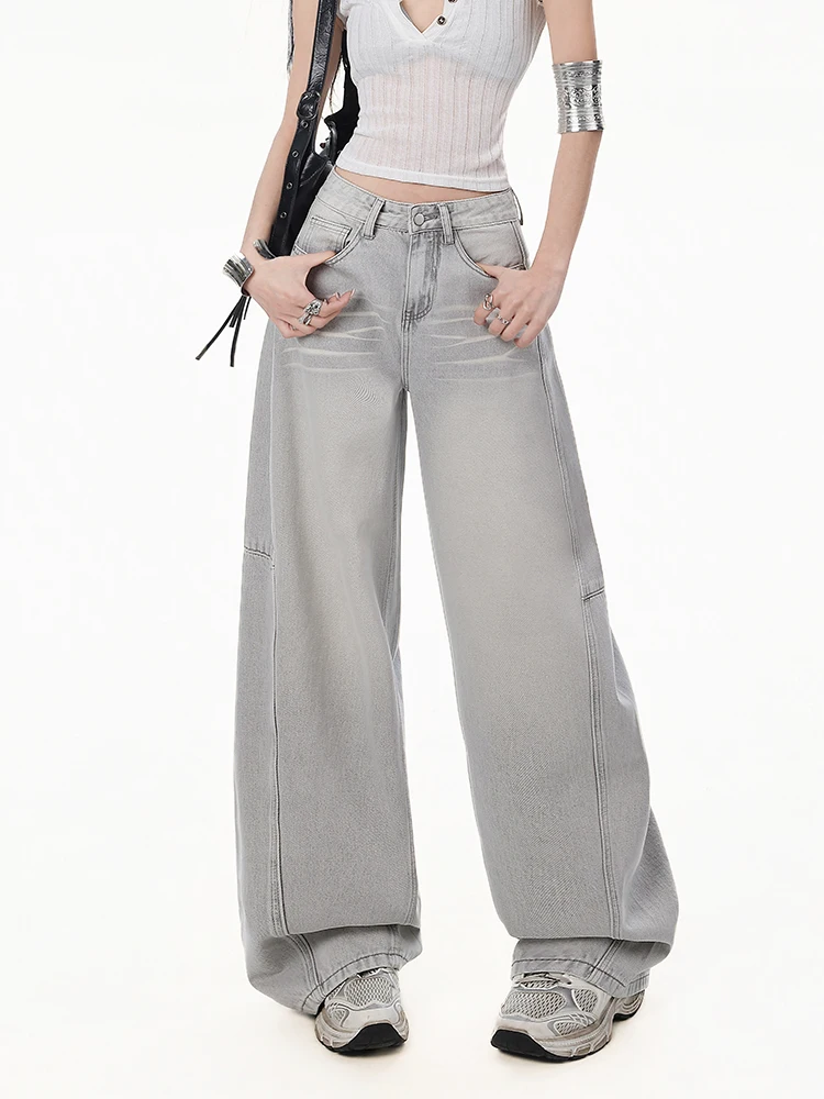 KSTUN Women's Premium Light Grey Curved Wide Leg Jeans 2026 Spring American High Street Loose Slimming Baggy Floor-Length Pants