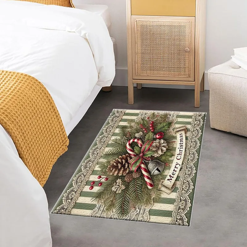 1pc Vintage Christmas Area Rug with Pinecones, Bells and Candy Canes, 