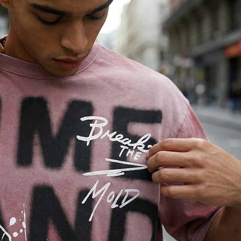 Heavyweight 100% Cotton T-shirt Men Vintage Wash Gradient Ink Splatter Streetwear Oversized Boxy Tee Hip Hop Spray Print Fashion