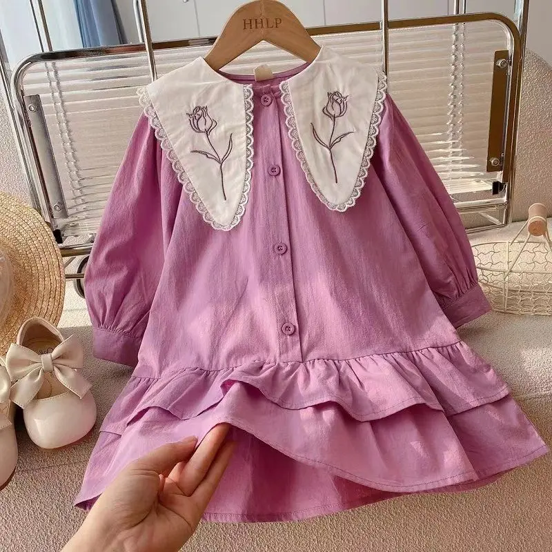 Girls\' Dress Spring and Autumn New Children\'s Baby Flower Embroidery Flip Collar Cake Princess Dress Sweet