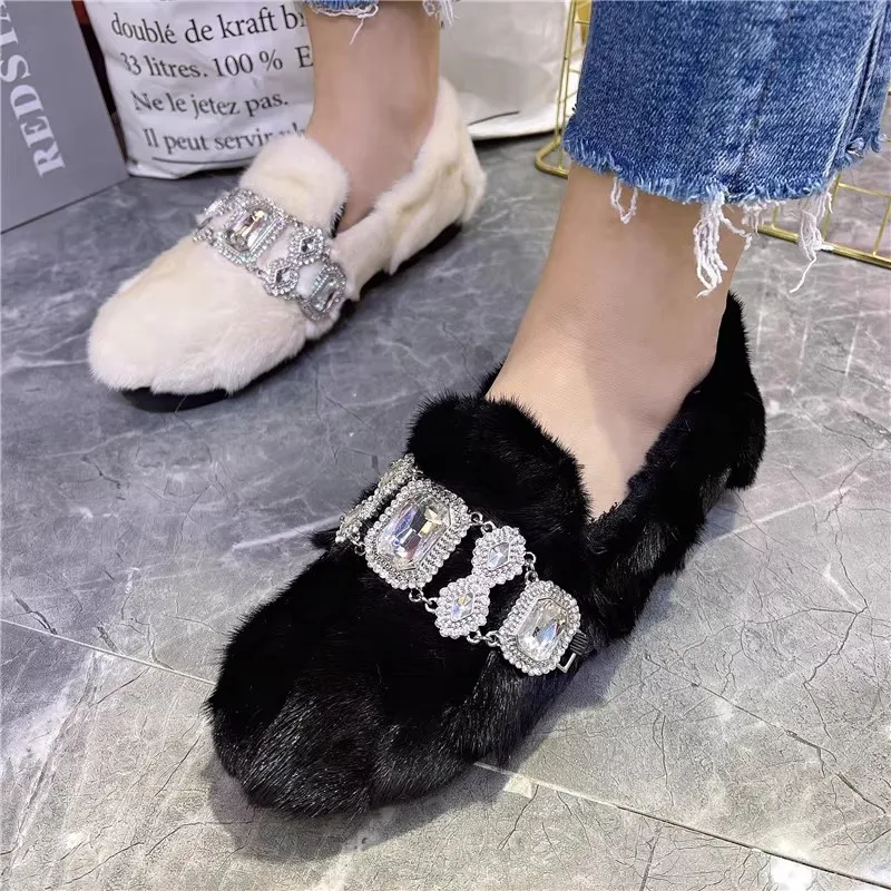 2026 New Crystal Women Winter Warm Fur Loafers Thick Sole Moccasins Driving Snow Shoes Woman Mink Fur Espadrilles Flats Creepers