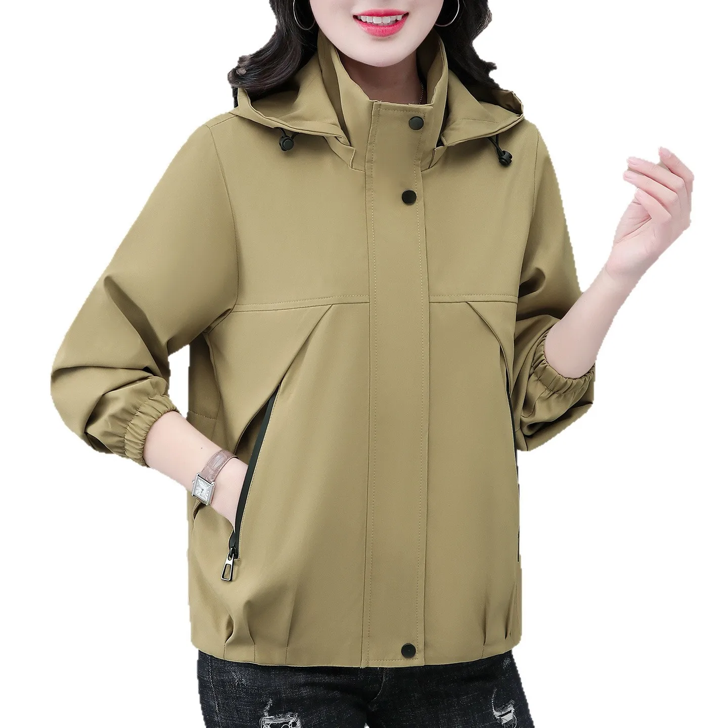 

Women Spring Autumn Short Trench Coat 2025 New Solid Color Hooded Casual Loose Top Female Windbreakers Outerwear Gabardina Mujer