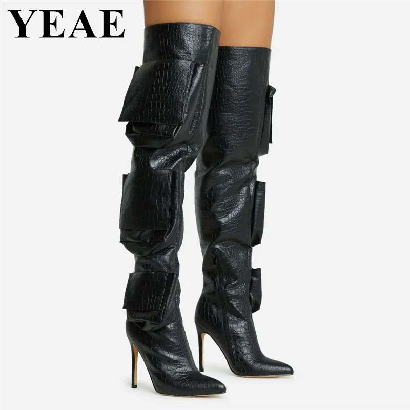 Sexy Black Pocket Thigh High Boots Women Fashion Pointed Toe Party Shoes Long Women Boots High Heel Stiletto Over The Knee Boots