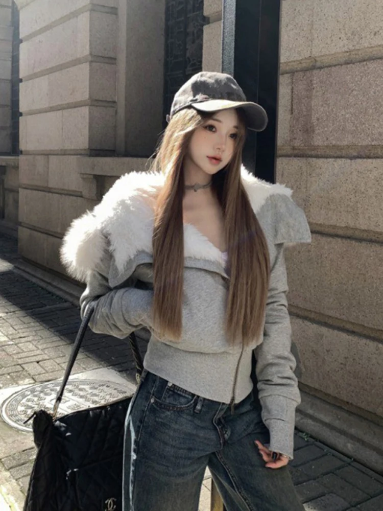 Winter Hoodie Coat Women Dark Academia Y2k Streetwear Long Sleeve Sweatshirts Grunge Pullovers 2000s Lambs Wool Teddy Jacket New