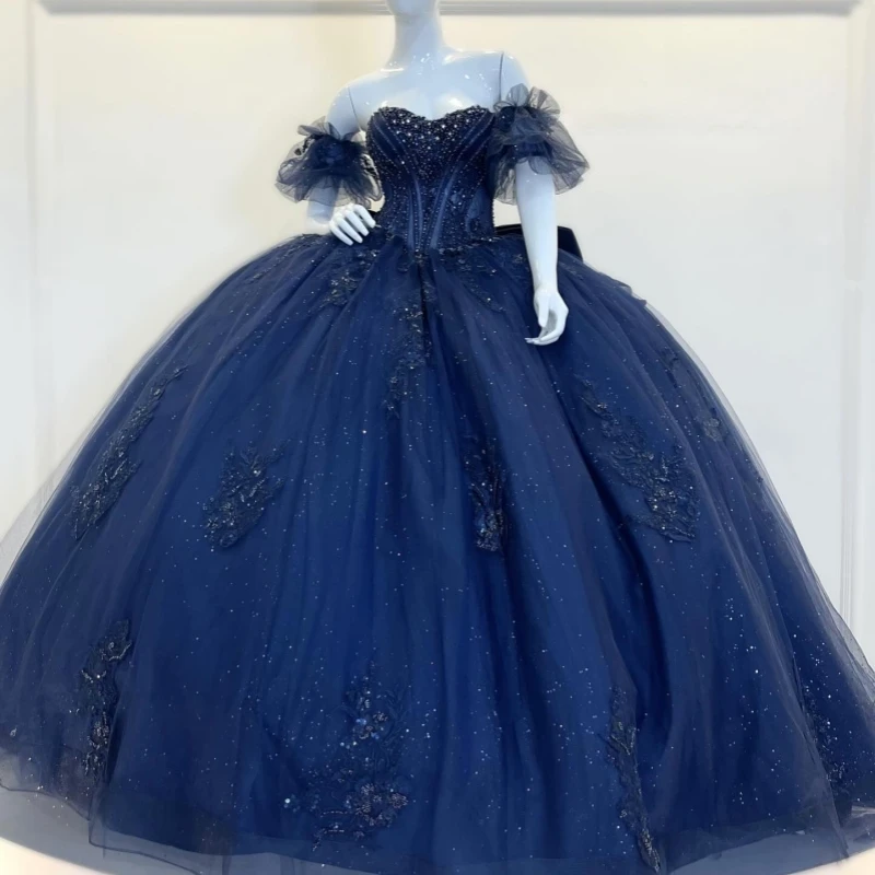 

Navy Blue Shiny Ball Gown Quinceanera Dresses Applique Lace Beading Crystal Bow Tull Corset Off Shoulder Sweet 16 Dress vestidos