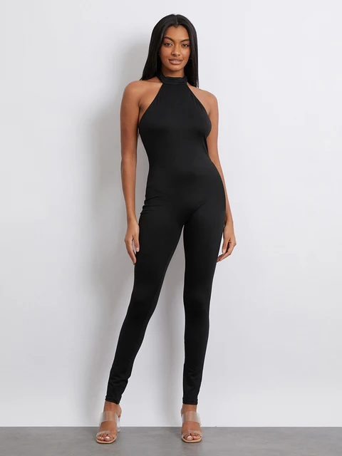 New Fashion Women Jumpsuit Sleeveless Halterneck Backless Solid Slim Long Romper Party Clubwear Hot Sale S-XL