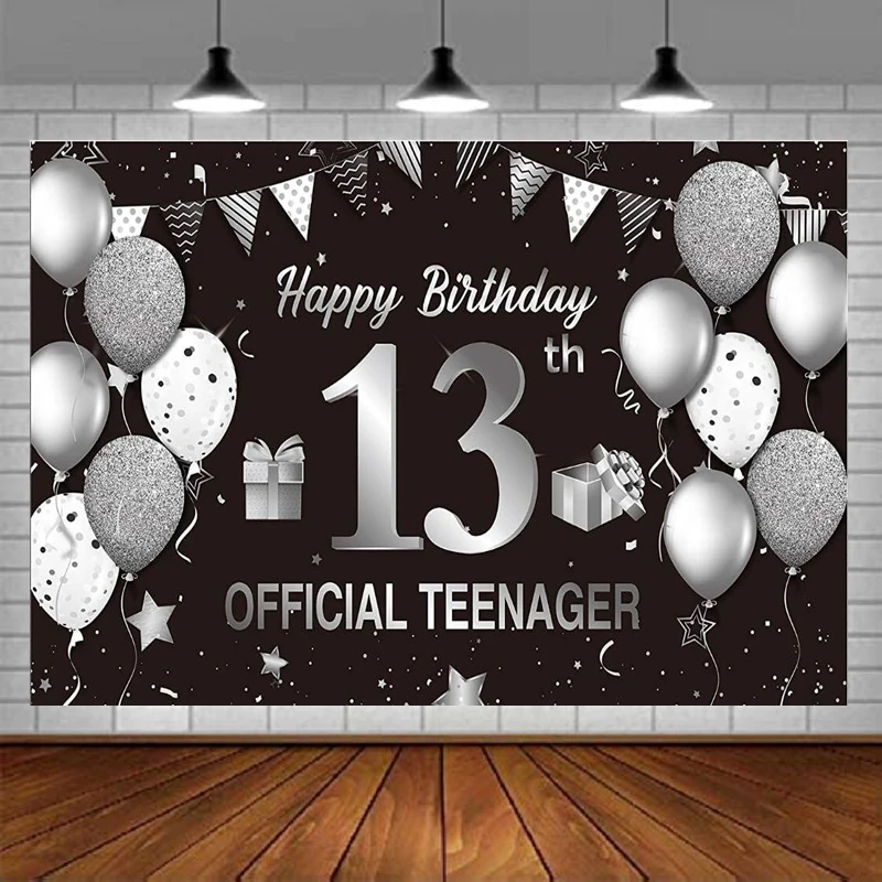 Photography Backdrop Banner Black Silver Sign Poster Background Banner For Happy 13th Birthday Anniversary Party Decor Supplies