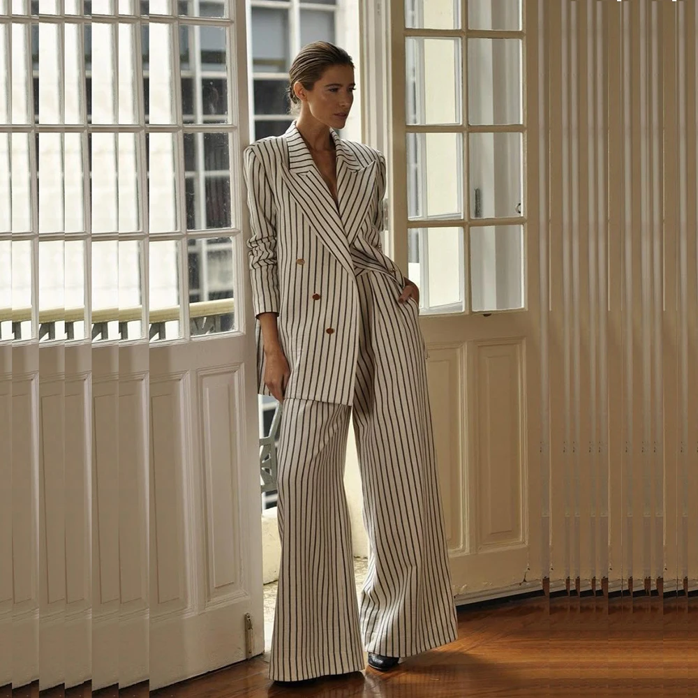 

Fashion Stripe two Pieces Suit Set for Women Double Breasted Peak Lapel Jacket Pant Set Slim Fit Office Business Female Clothing