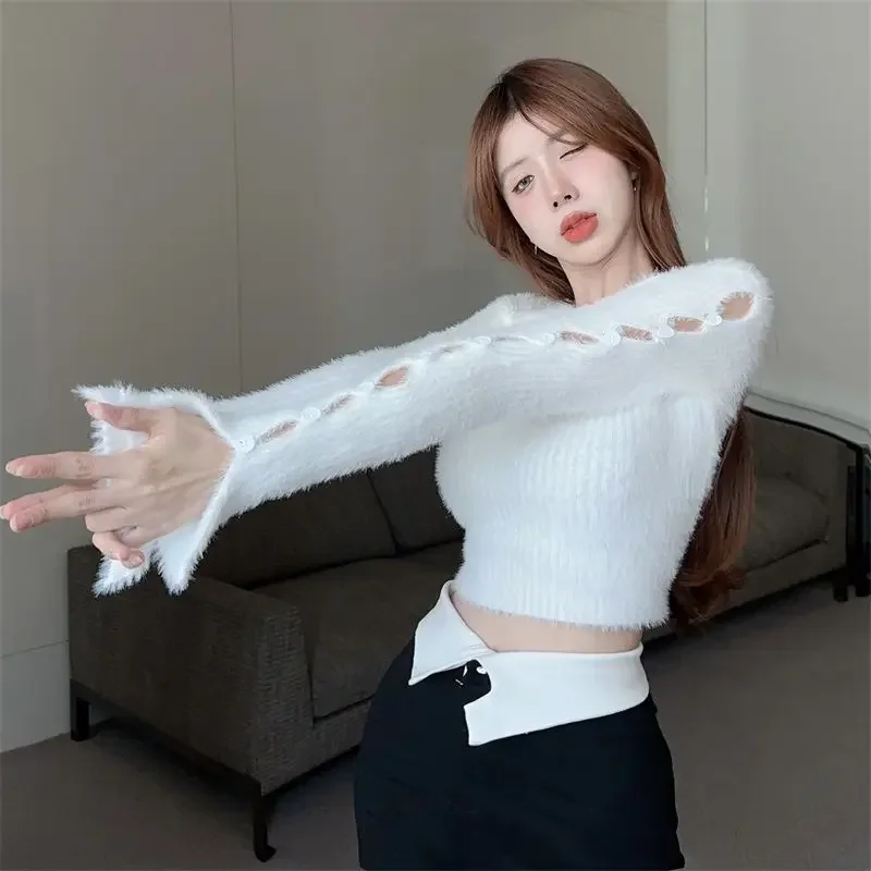 

Pullovers Women Autumn Winter Design Korean Style New Hollow Out Fashion Slim Elegant Cropped Simple Office Ladies Casual 2025