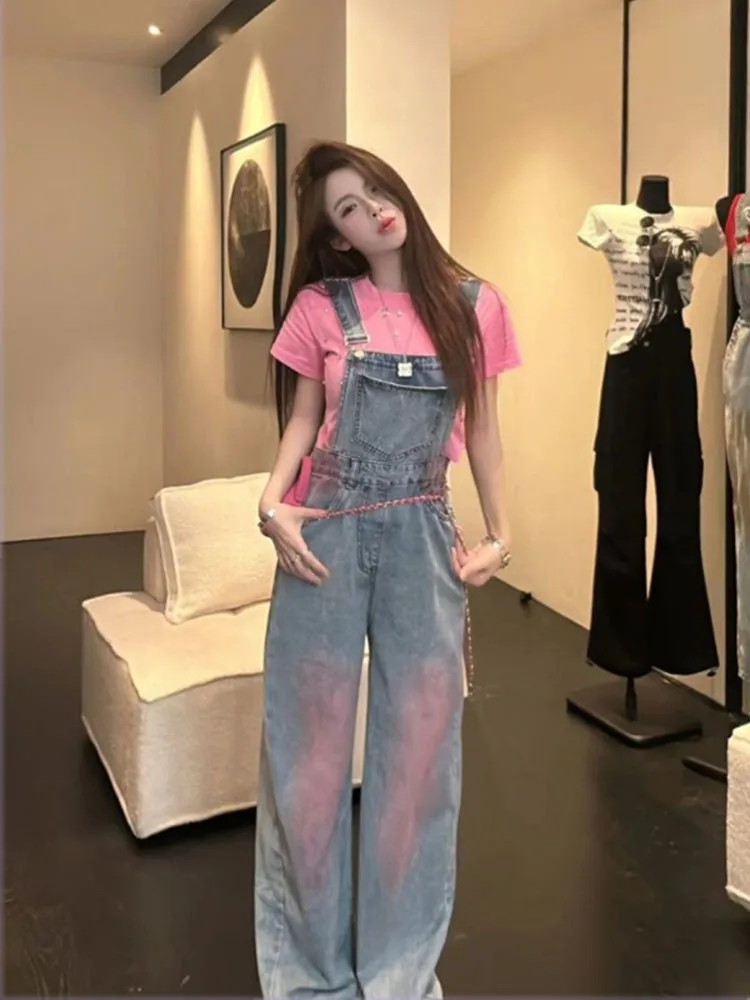 

Women's Jeans High Waist Straight Loose Washed Wide Leg Female Denim Pants 2024 Spring New Fashion Tie dyed suspender pants