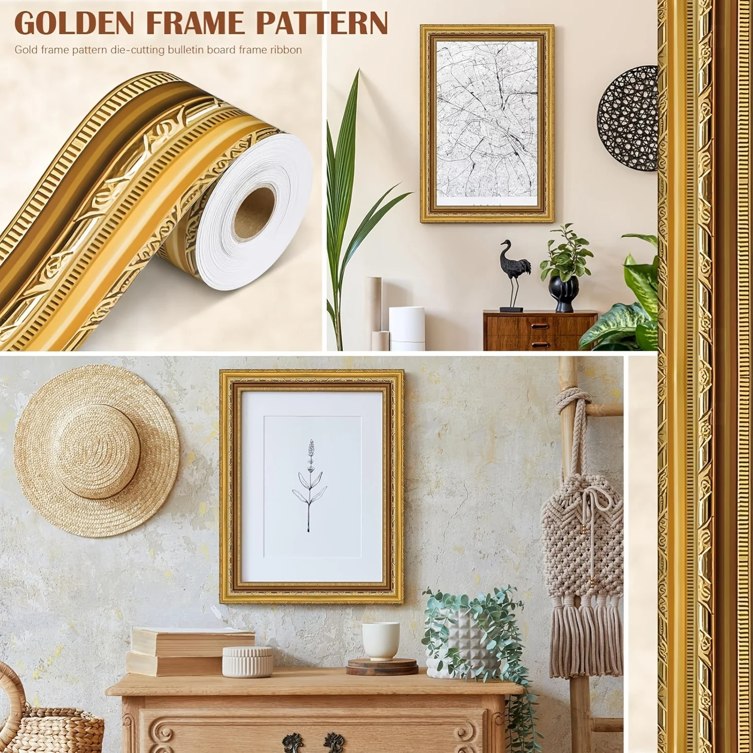 1roll 10m Fashion Self-Adhesive Border Decorative Sticker Vintage Gold Photo Frame DIY Poster Border Stickers Party Decoration