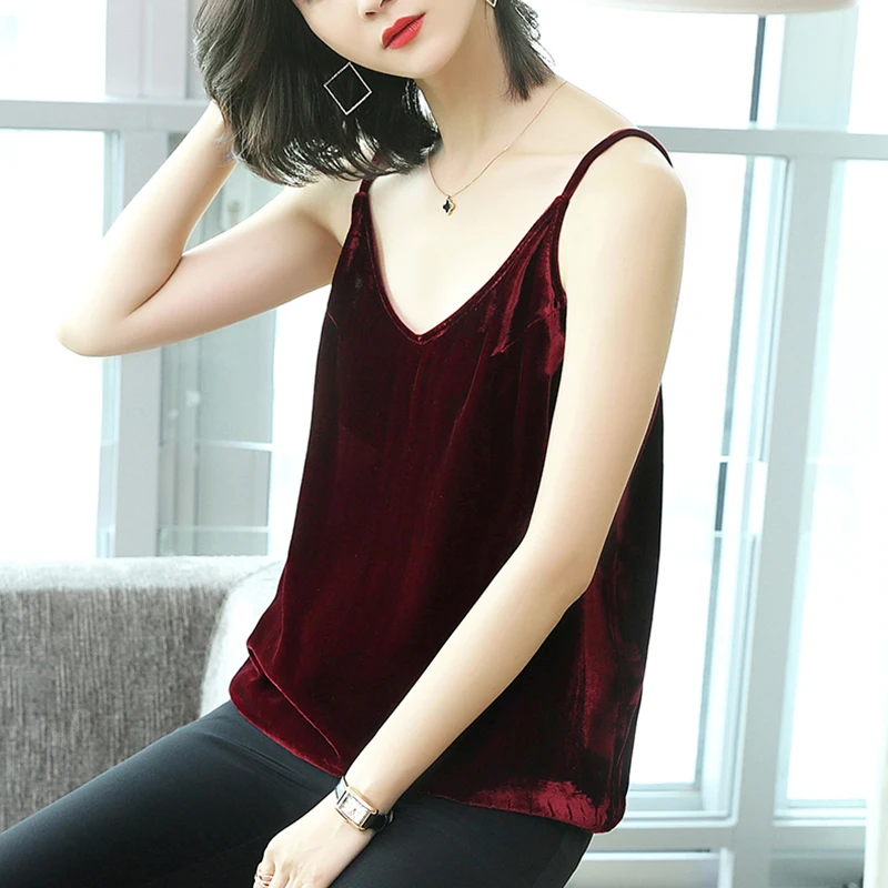 Women Gold velvet camisole 2024 Summer Women Sleeveless Ladies V-Neck Pullover velour vest  Female Outerwear camis Tops