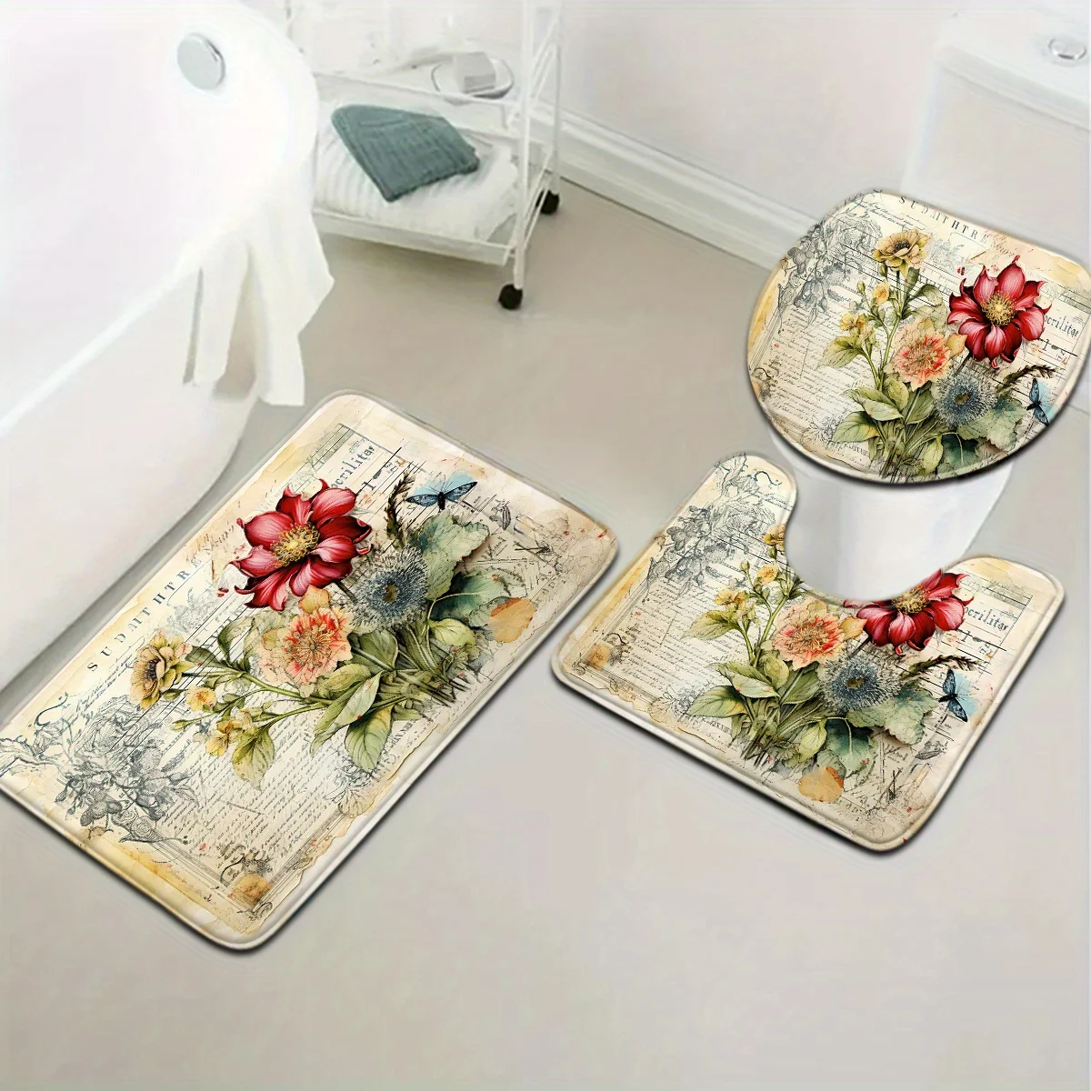 3-piece set red and pink peony letter pattern bathroom mat set toilet seat cushion U-shaped foot mat suitable for bathroom