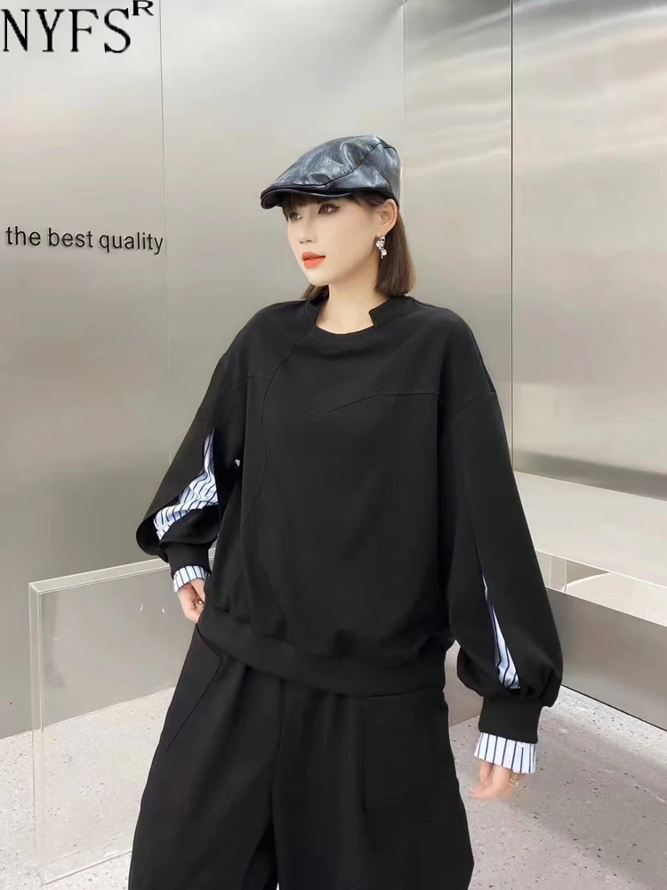 

NYFS 2023 Autumn New Women T shirt Camo Oversized Big Size Tops Pullover Fake Two Piece Stripes Blusas Camisa Mujer