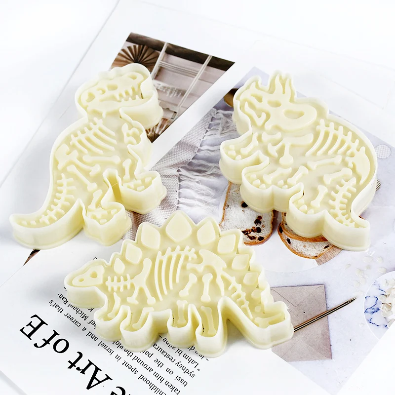3pcs/set Dinosaur Cookie Cutter 3D Dessert Fondant Cake Embossing Mould Dessert Baking Plastic DIY Birthday Cake Accessories