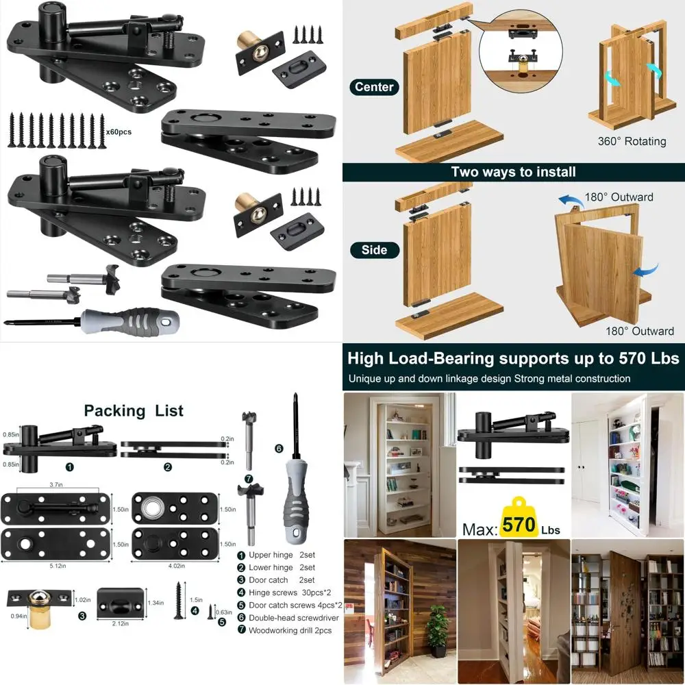 

Heavy-Duty 360° Pivot Hinges for Secret Doors - 570Lbs Load-Bearing Stainless Steel Swinging Hinges