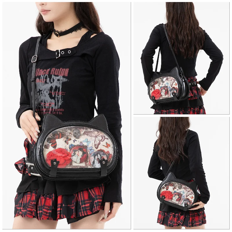 

Милая готическая сумка-ита с кошачьими ушками, прозрачным окном для значков, винтажная, из искусственной кожи, через плечо, для девочек-аниме-фанаток, в стиле кавай и панк