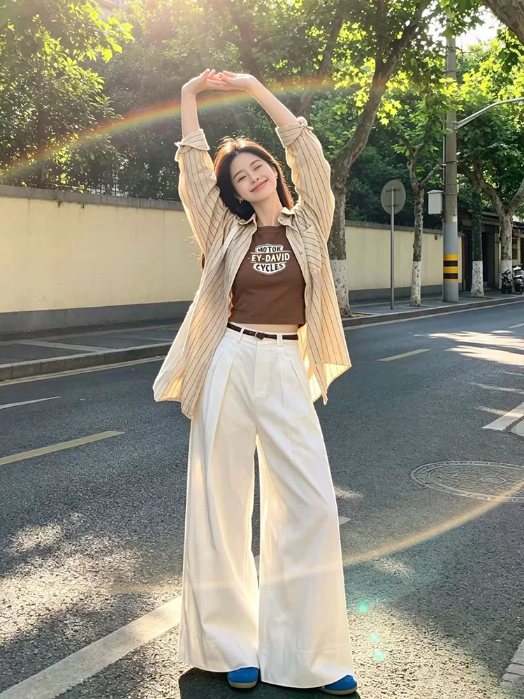 

American Retro Lazy Stripe Shirt Summer Long Sleeve Loose Meat Covering Sun Protection Top Drapey Strap Vest Women's Shirt
