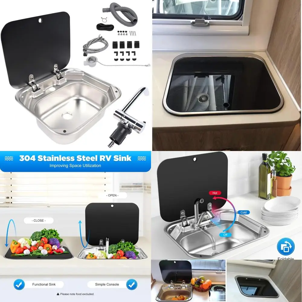 حوض المطبخ RV للمقهى مع صنبور قابل للطي وغطاء، وعاء واحد من الفولاذ المقاوم للصدأ، حوض غسيل يدوي مع غطاء لـ