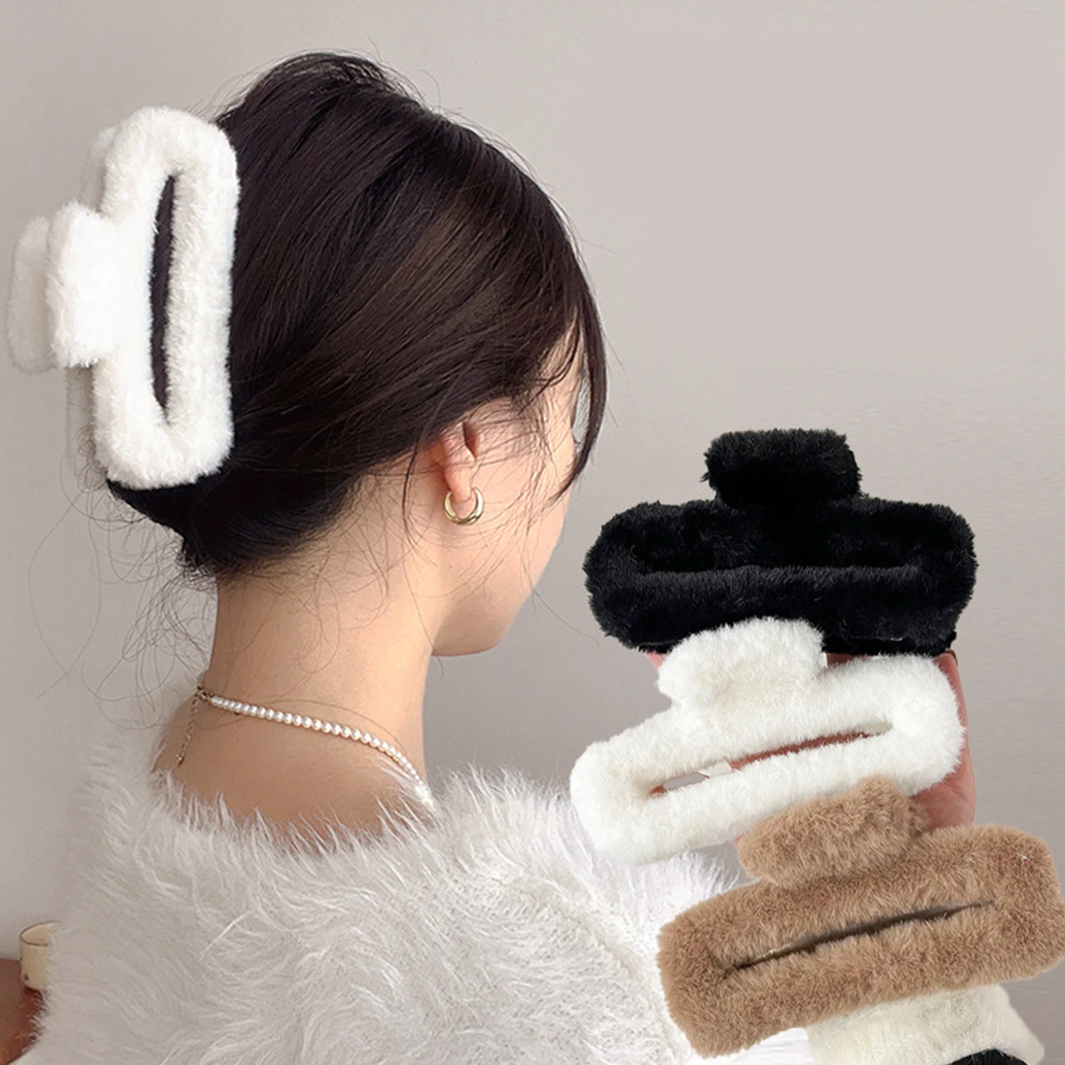 

1pc 11cm Large Simple Atmospheric Plush Hair Clip For Women Curly Hair Head Square Grab Clip Large High-end Shark Clip Headwear