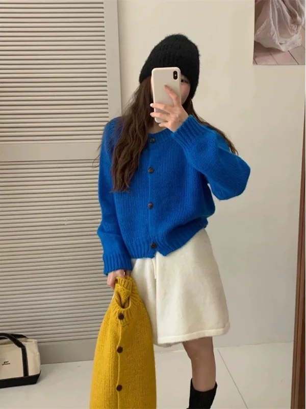 Klein Blue Korean Style Women's Knitted Cardigan Soft Cozy Long Sleeve Spring Autumn Outerwear Comfortable Breathable Sweater
