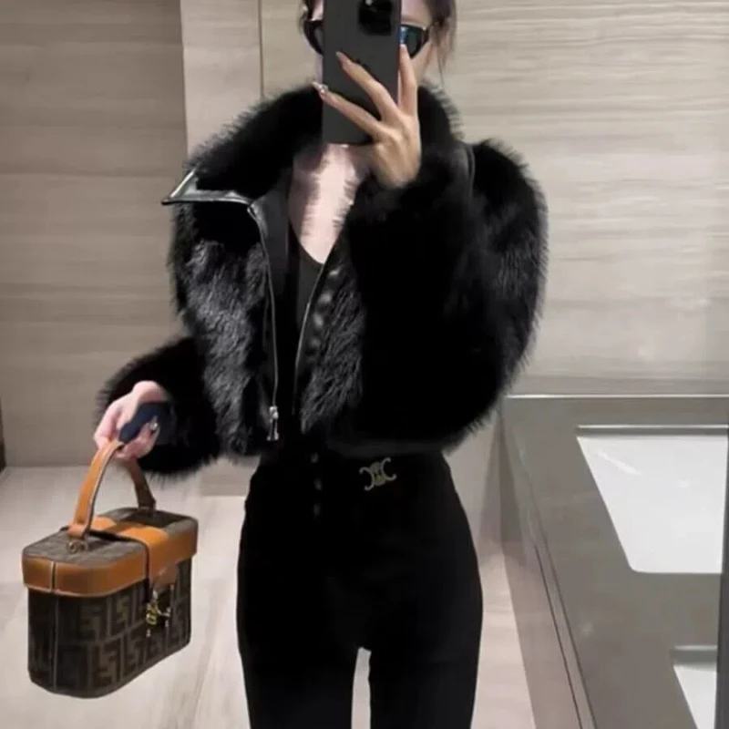 

Autumn Winter Now Locomotive Wind Hottie Sweet Cool Fashion Coat Women Patchwork Imitation Fox Fur Leather and Fur Solid Tops