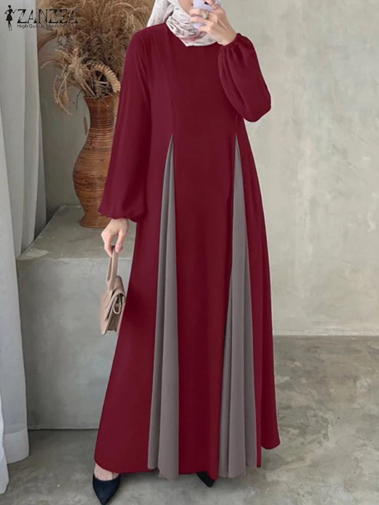 Jesienna patchworkowa sukienka Maxi Abaya ZANZEA sukienki muzułmańskie szata Femme moda z długim rękawem Sundress Kaftan Casual Marocain Vestidos