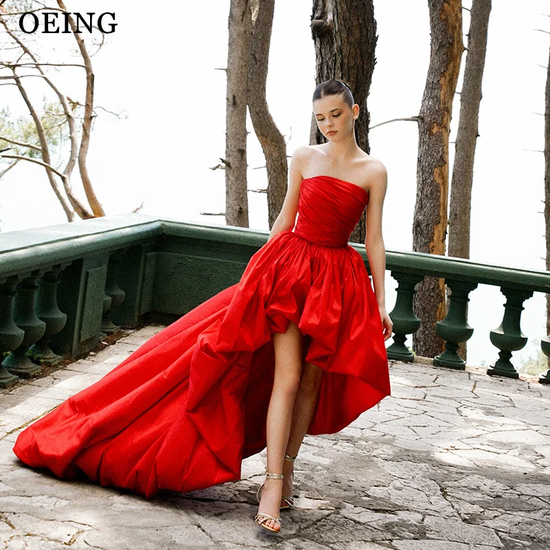 OEING Simple A-Line Red  Prom Dresses Strapless Pleats High/Low Ruffle Sleeveless Party Dresses Short Cocktail Dress Customized