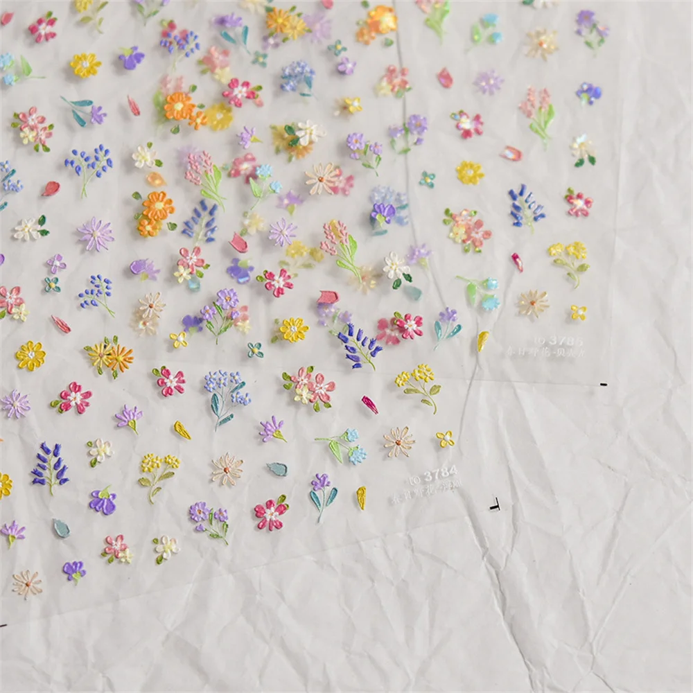 Colorido Primavera Wildflowers Unhas Adesivos, 5D Auto-Adesivo, Flash Art Decorações, DIY Manicure Acessórios, Kawaii, japonês, 1Pc