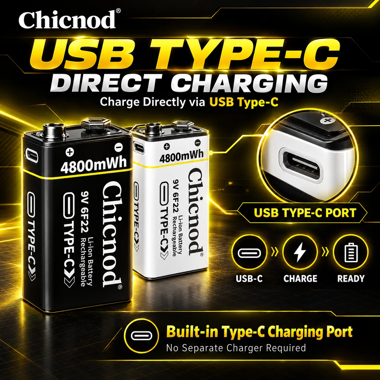 CHICNOD 9V 4800mWh Rechargeable Li-ion Battery USB Type-C Direct Charging Black White Constant Voltage for Microphone Pedal Toys