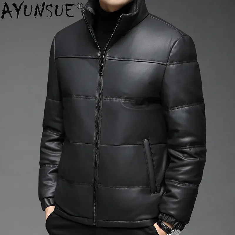 Men\'s Genuine Leather Jacket Autumn Winter New Fashion Casual White Duck Down Jackets Standing Collar Thick Coats Veste Homme