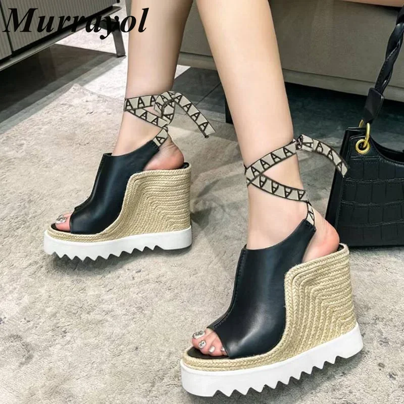 

Genuine Leather Grass Weaving Wedges Sandals Women Open Toe Waterproof Platform Ankle Straps Sandalias Summer Dress Shoes Pumps